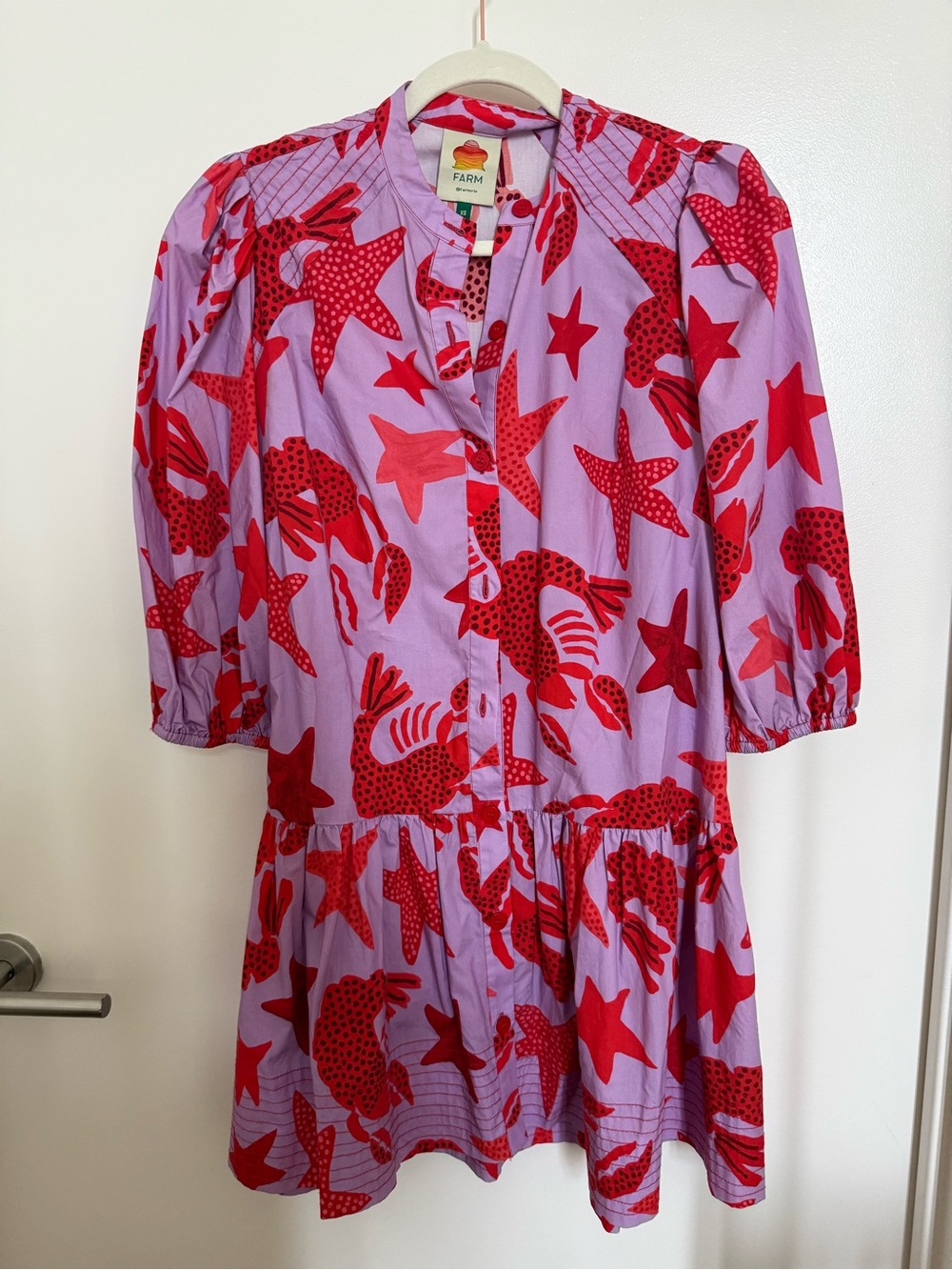 FARM Rio Lavender Dress with Bold Red Sea Motif